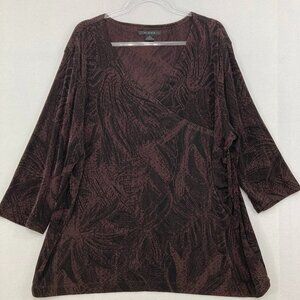 Kiara size 2X Purple Black Abstract Artsy Faux Wrap 3/4 Sleeve Slinky Knit Top